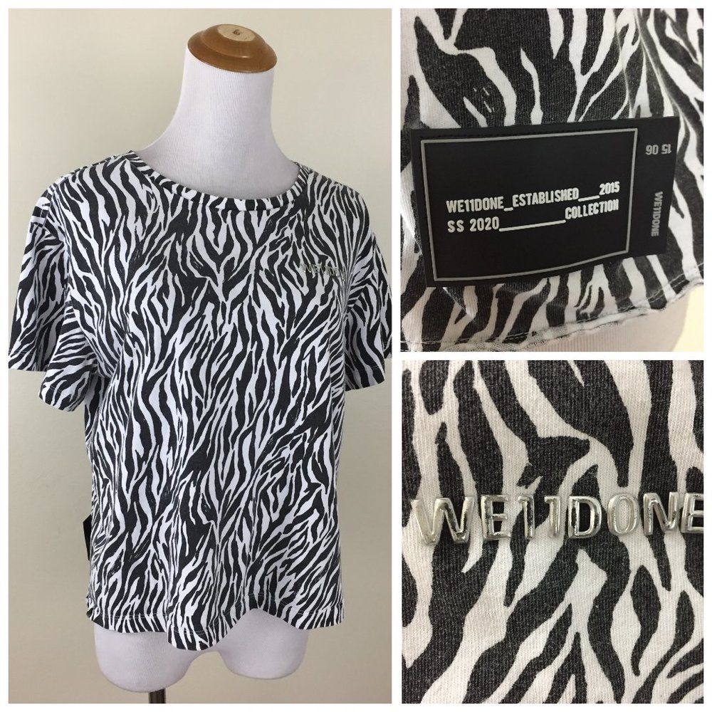 WE11DONE White Black Zebra Print Logo Applique Short Sleeve Shirt Top